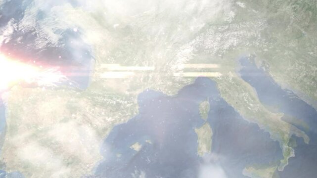 Earth zoom in from space and focus on Istres, France. Background for travel intro or blog. Satellite view. 3D style Animation. Images from NASA.