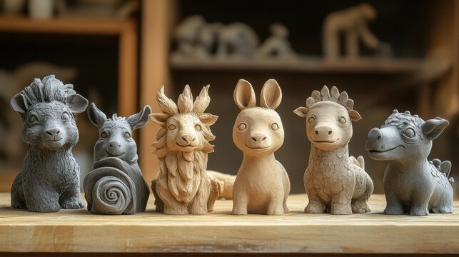 Charming Clay Creatures: A collection of whimsical, handcrafted clay animal figurines, each with unique personality and charm, sits on a wooden surface in an artist's workshop.
