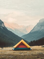 Camping in a colorful tent surrounded by majestic mountains and serene valley landscape at dusk in nature. Generative AI