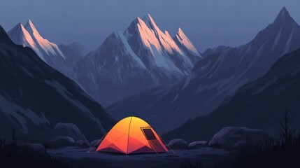 Stunning mountain landscape with a glowing tent under a twilight sky. Generative AI