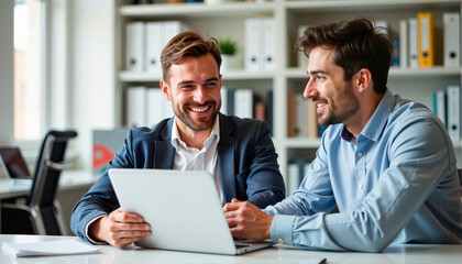 Fototapeta premium Business professionals collaborating and smiling at a laptop