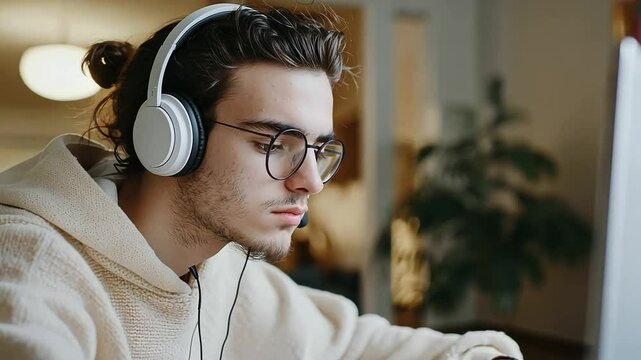 Student Taking an Online Exam at Home with Headphones