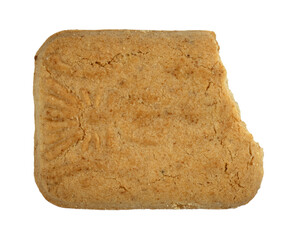 Bite of milk biscuits on white background