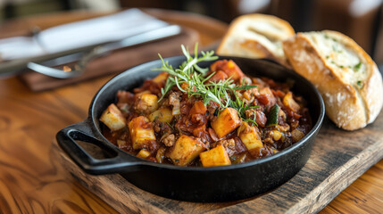 A hearty winter stew in a cast iron pot with chunks of vegetables and meat, served alongside fresh bread on a rustic wooden table.
