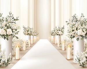 A beautifully arranged wedding aisle featuring lit candles and elegant floral displays, creating a romantic and inviting atmosphere for a memorable ceremony.
