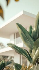 Modern architecture with lush tropical plants under a clear sky