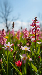 Beautiful spring nature background nature with blooming plants in sunny rainy day. Macro shot, colorful, with white tones