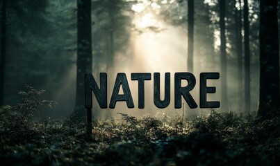 Forest scene with "NATURE" sign in foreground.