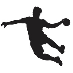 Handball player in action vector illustration isolated on white. Elegant body sport figure. Dynamic athlete boy jump and shooting penalty in goal. Sport man handball attack target shut in jump.