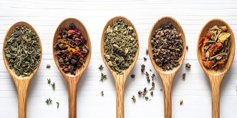 Dried Herbs in Wooden Spoons: A Culinary Delight