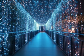 Bright blue light corridor with dazzling decorations creating a magical atmosphere