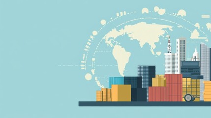 Urban City Skyline with Shipping Containers and World Map in Background, Illustrating Global Trade and Economic Growth in Modern Industry