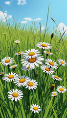 Wild daisies in the grass with a blue sky, comic art, with white tones