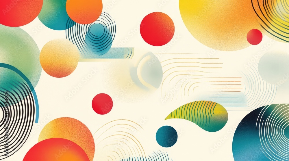 Poster bright, gradient circles and lines arranged in a spiral pattern on a clean background, representing 