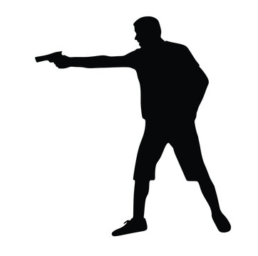 recommend clip art: Man with gun shooting in target vector illustration. Hunter with pistol shooting in shot. Public crime scene, gunfight battle. Policeman practice with target. Bank robbery situation.
                    