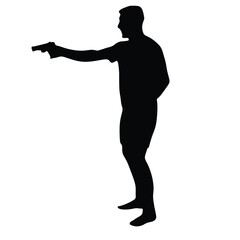 Man with gun shooting in target vector illustration. Hunter with pistol shooting in shot. Public crime scene, gunfight battle. Policeman practice with target. Bank robbery situation.
