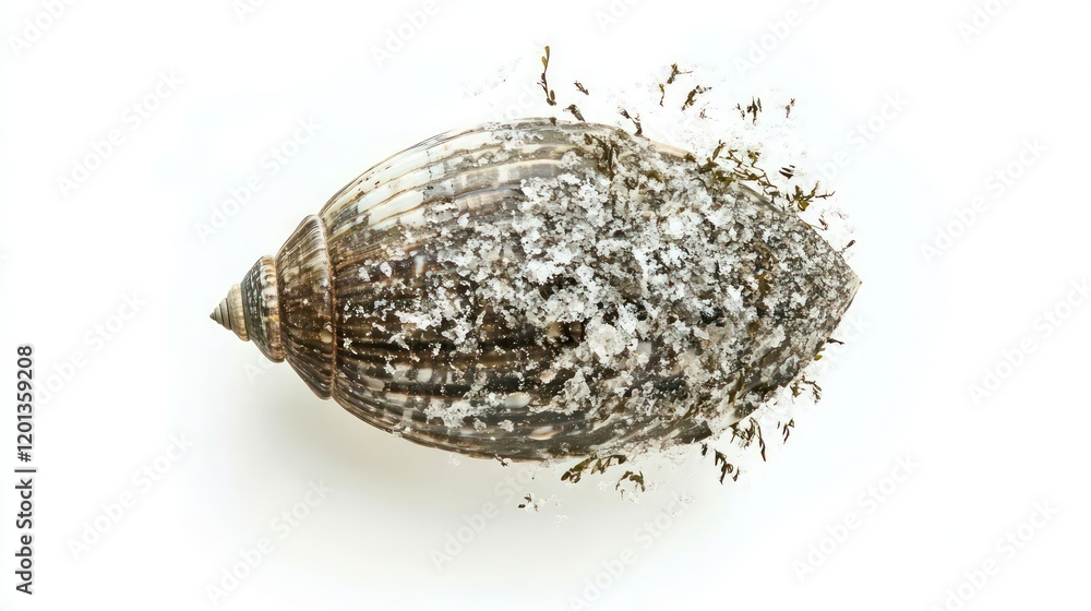 Poster unique shell with marine life on white background generative ai