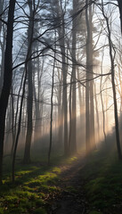 Obraz premium morning at the spring glade in the forest, dramatic atmosphere, with white tones