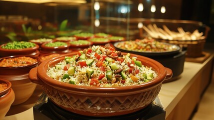 Obraz premium Close-up of a beautifully layered biryani with colorful vegetables, nuts, and aromatic spices, served in a traditional pot