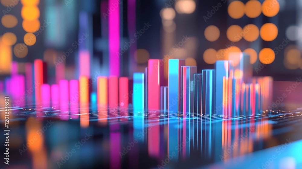 Poster close-up of a colorful d bar graph with varying heights on a sleek, reflective surface, showcasing g
