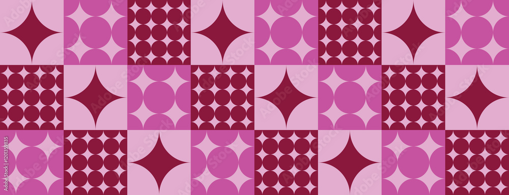 Poster geometric background with a retro style, featuring a pattern of pink and maroon shapes. the backgrou