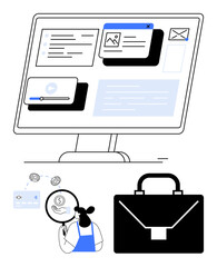 Computer monitor displaying various digital content windows. Individual analyzing data with magnifying glass. Includes briefcase, digital transactions, and envelope. Ideal for business strategy