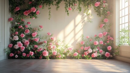 Elegant floral backdrop with vibrant roses and lush greenery, perfect for themed events, photoshoots, and creative projects showcasing nature's beauty