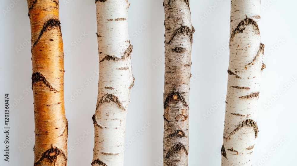 Poster birch tree trunks displayed on solid white background generative ai