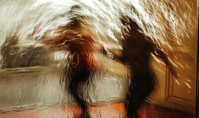 Distorted figures behind a rippled golden surface.
