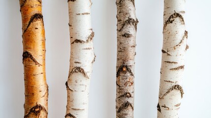 Naklejka premium Birch Tree Trunks Displayed on Solid White Background Generative AI