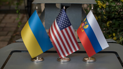 Ukraine, USA and Russia flags on gray table stock photo