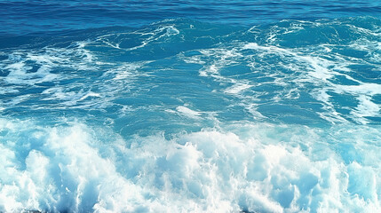 Pure blue turquoise water texture of the ocean sea with foam from and waves