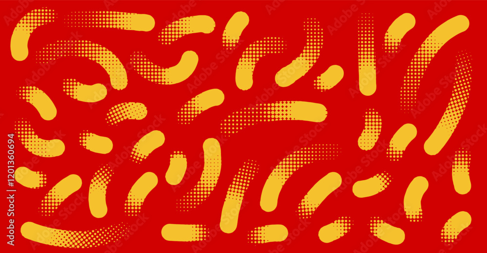 Poster collection of halftone yellow dots curved gradient pattern texture. vector curve, grunge dotted spot
