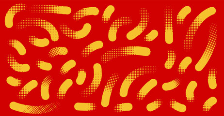 Collection of halftone yellow dots curved gradient pattern texture. Vector curve, grunge dotted spots using halftone circle dot raster texture. Vector lemon color blot half tone collection on red.