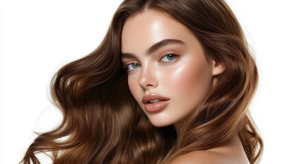 Fototapeta premium Beautiful model girl with Brown hair strand,silky healthy chestnut wavy hair strand,hair wavy ribbon, with smooth,Keratin straightening,Treatment,straight long hair,procedures,Smooth hairstyle.