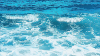 Pure blue turquoise water texture of the ocean sea with foam from and waves