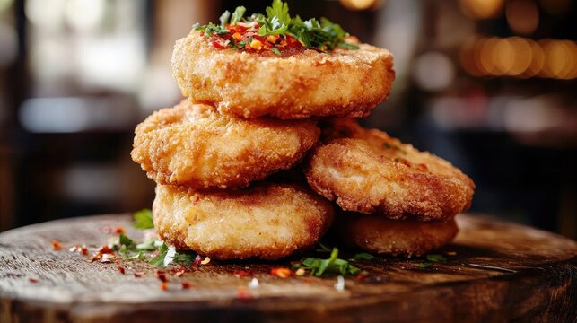 Close-up of golden fried chicken pieces stacked on a rustic wooden board, with a sprinkle of chili flakes and parsley garnish
