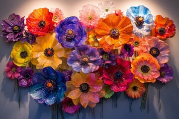 Obraz premium Colorful floral wall decoration featuring assorted paper flowers in vibrant shades arranged artfully