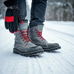 Winter road safety concept with boots and gloves on a snowy surface. Perfect for banners, safety campaigns, or product ads. Space for text included