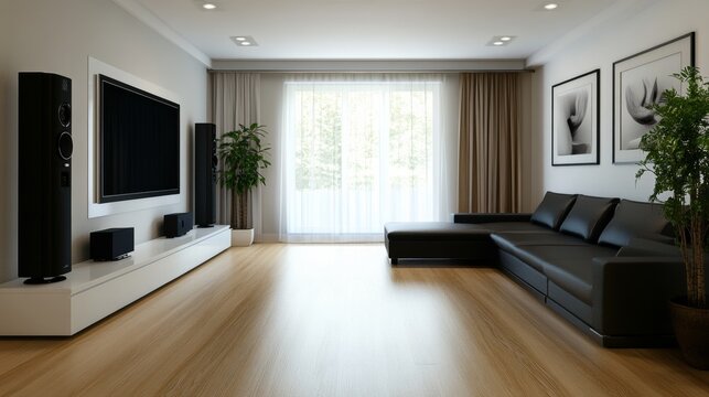 A minimalist living room with a large smart TV and integrated sound system, representing modern home entertainment, Home theater scene