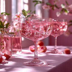 Decorative flowers and a cocktail on a lovely pink background