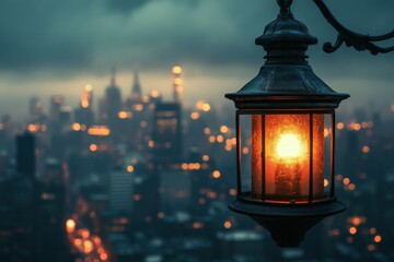 City skyline illuminated by lantern light during twilight on a cloudy evening