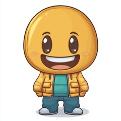 Obraz premium Happy gold coin character wearing a jacket and jeans