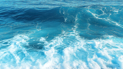 Pure blue turquoise water texture of the ocean sea with foam from and waves