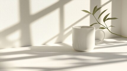 White mug, green leaves, sunlight shadows on white surface.