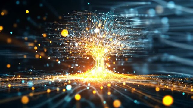 A radiant tree emerges from a flowing background of colorful particles, showcasing the themes of growth, energy, and digital innovation in a futuristic setting.