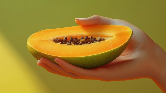 A tropical scene featuring a hand holding a half-cut mamey sapote