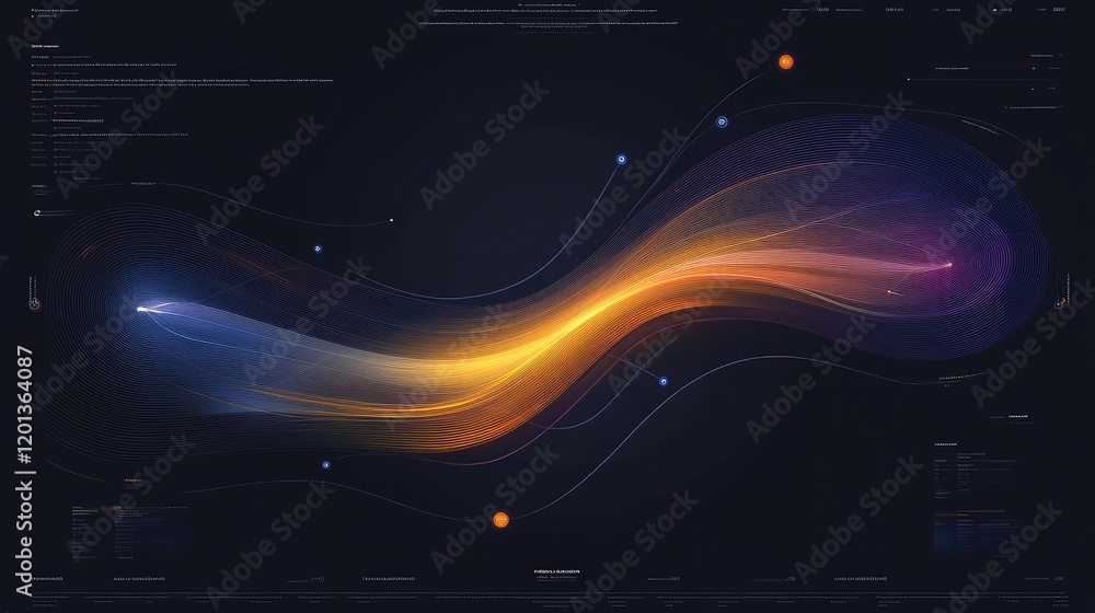 Poster digital dashboard-style line graphs with glowing lines and nodes, set on a sleek, futuristic dark ba