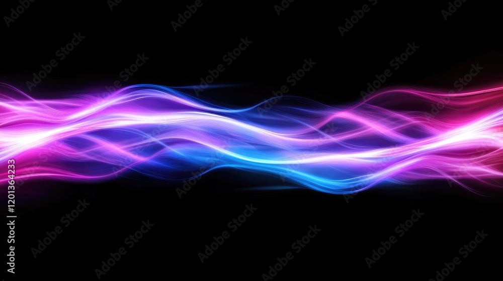 Poster dynamic wave lines in neon colors on a dark background, forming an abstract graphic pattern that rep