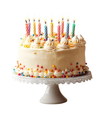 Delicious white birthday cake with colorful candles home celebration food festive atmosphere close-up view isolated on transparent background png